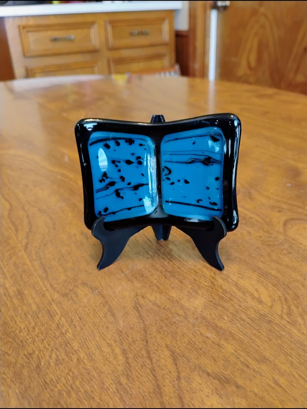 Black And Pastel Blue Handcrafted Fused Art Glass Controlled Bubbles Small Tray
